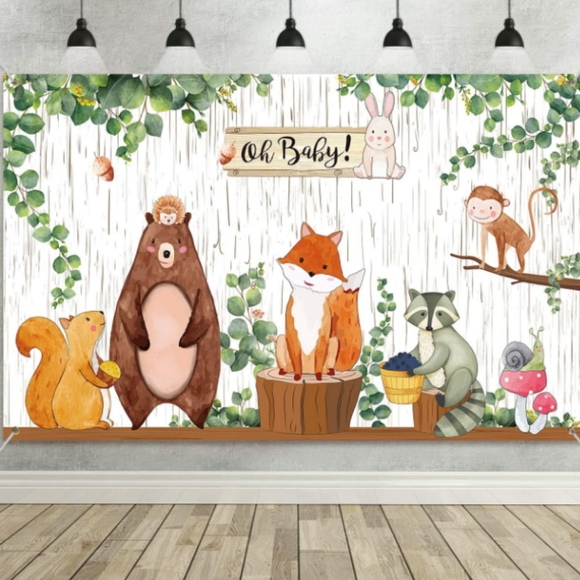 Woodland Animal Nursery Wall Mural Banner Baby Shower 2pc Backdrop - Picture 1 of 16